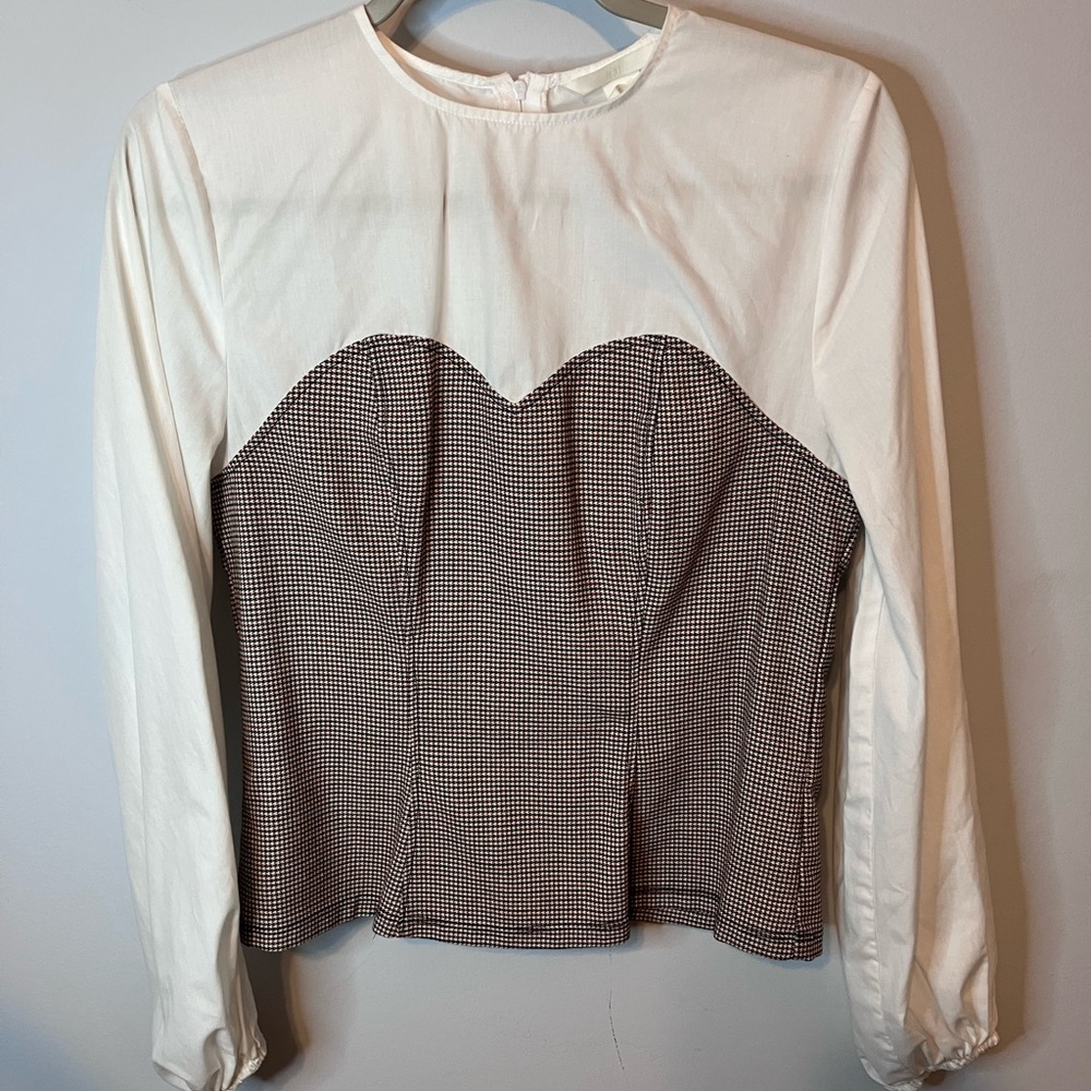 Forever 21 white and houndstooth fitted LS shirt size 10 zippered back